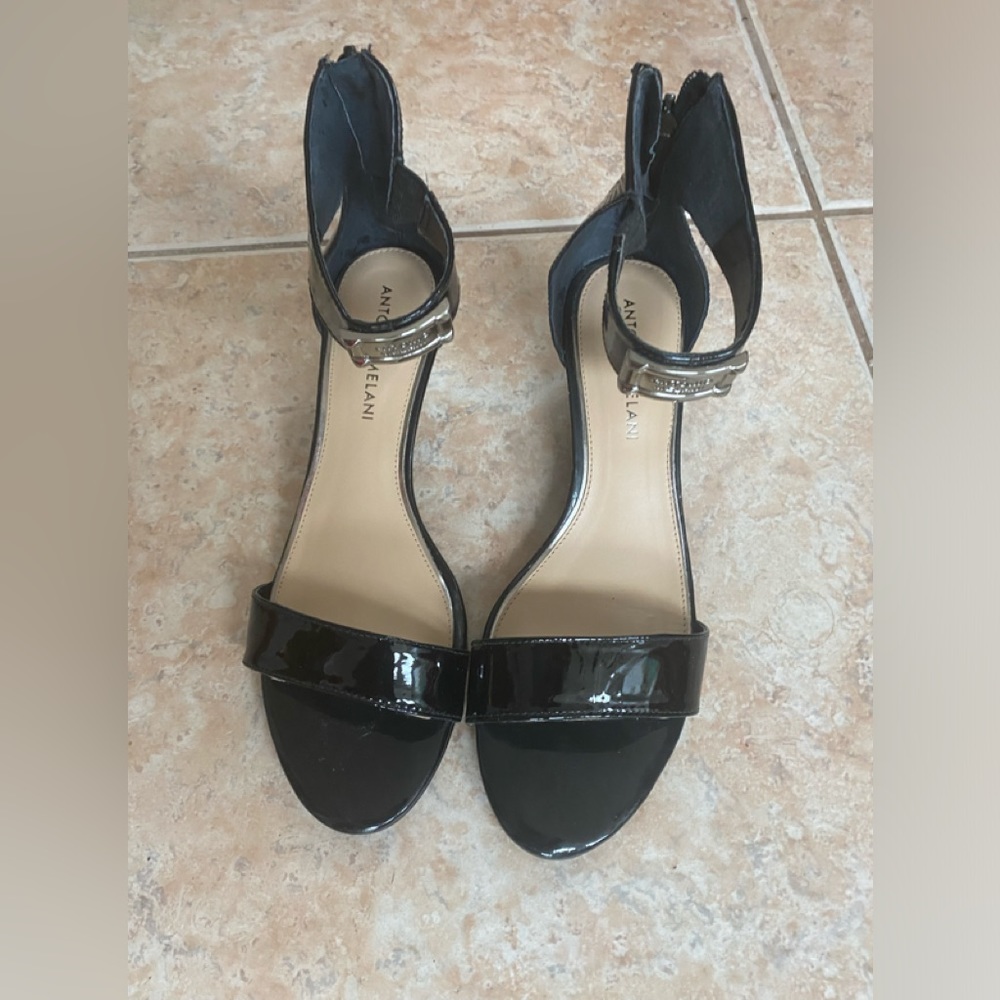 Antonio Melani Wedge Black Patent Leather Ankke Stap Pumps S 8M